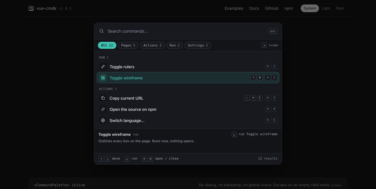 The palette in the dark theme